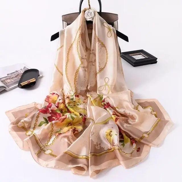 New Women Autumn Winter Fashion Silk Scarf Shawl Beach Headband Female Casual Wear Beach Friendly Spring Silk Scarf Flower Print Silk Scarves Shawls and Wraps Long Size Beach Stoles