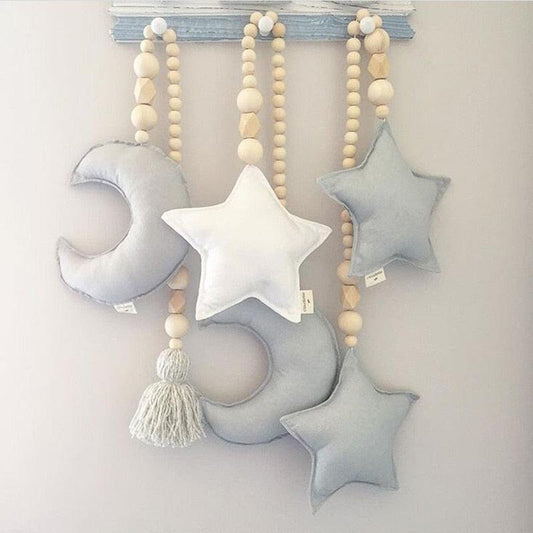 Nordic Wooden Beads Mobile Hanging Ornament Double Star Moon Nursery Bed Ornament For Kids Room Decoration Baby Shower Felt Nursery Ceiling Decoration For Girls/Boys Baby Crib Tent Hanging Pendant Wall Decor Photography Props