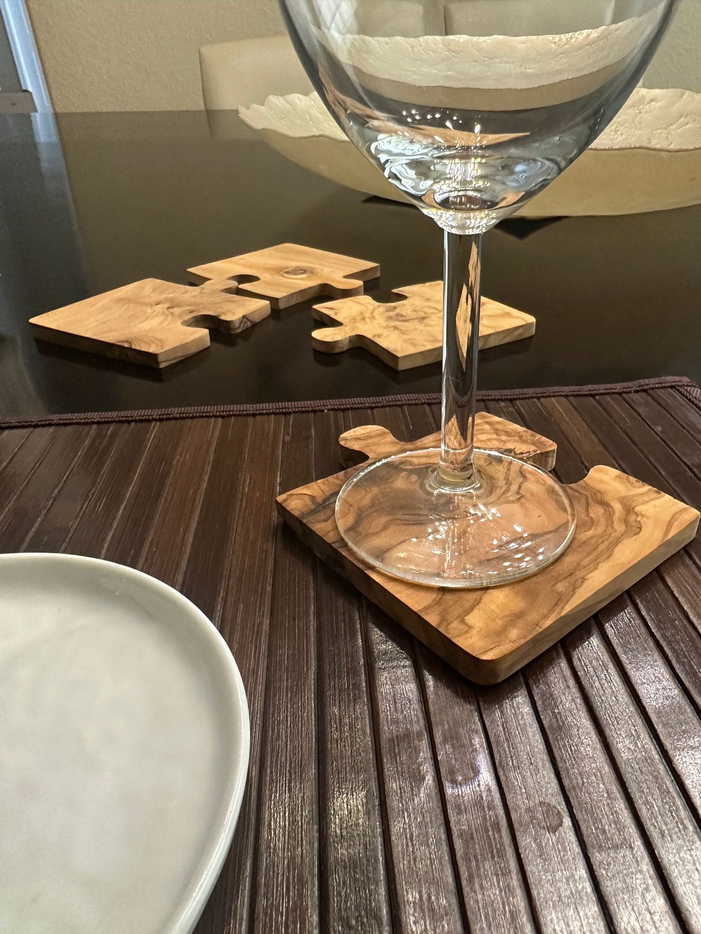 Ensemble de 4 dessous de verre en bois d'olivier, style rustique méditerranéen