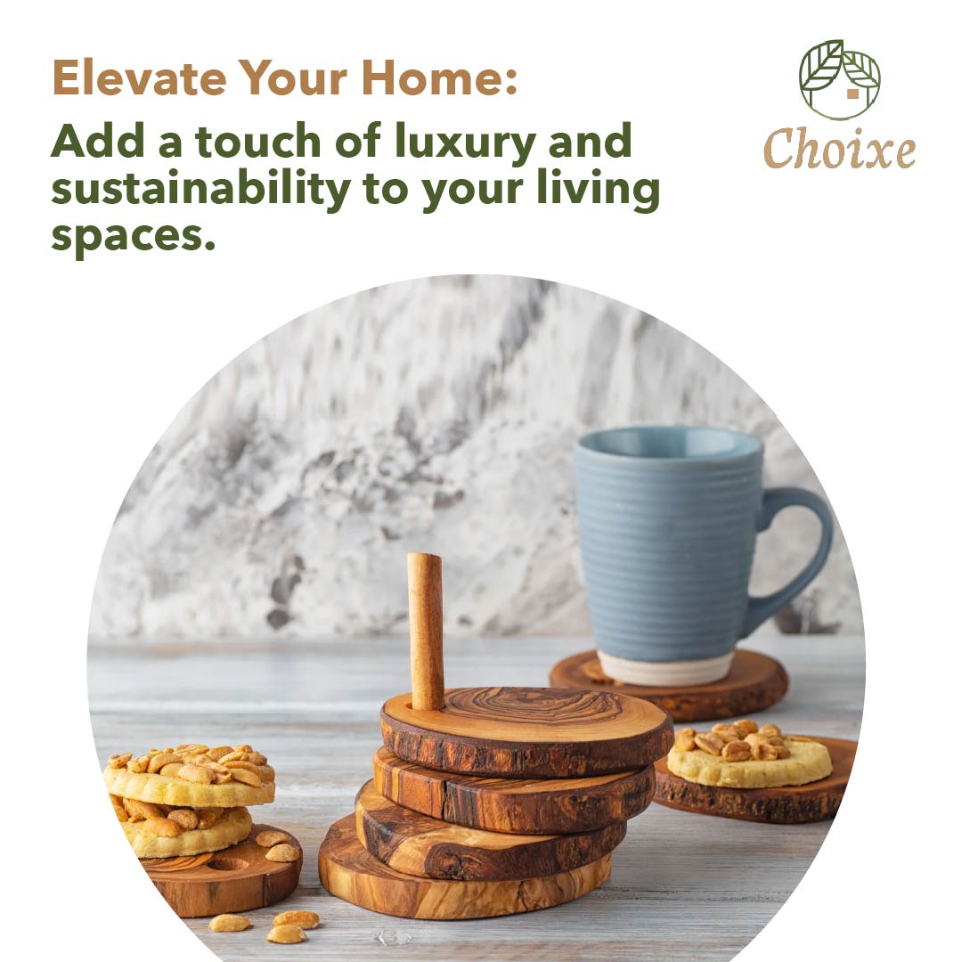 Olive Wood Coaster Set 7Pc With Holder - Natural Round Handcarved Coasters