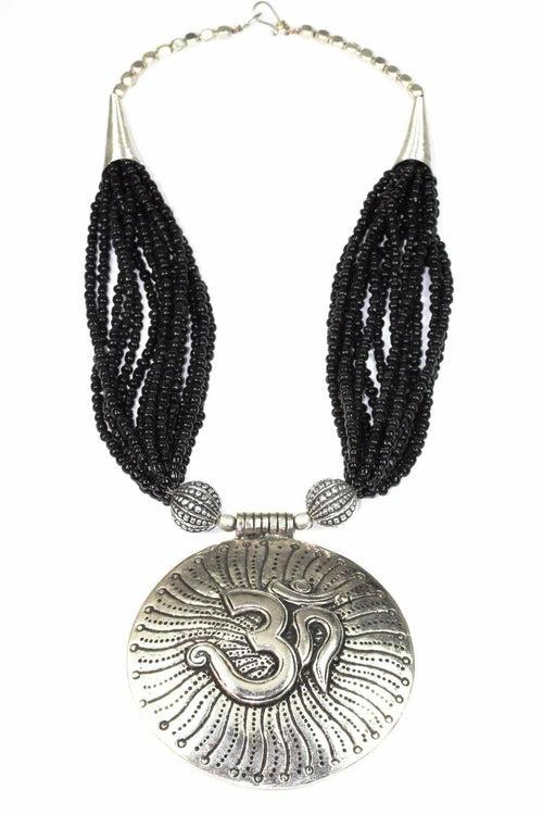 Om Pendant Statement Necklace Silver Beaded Boho Yoga