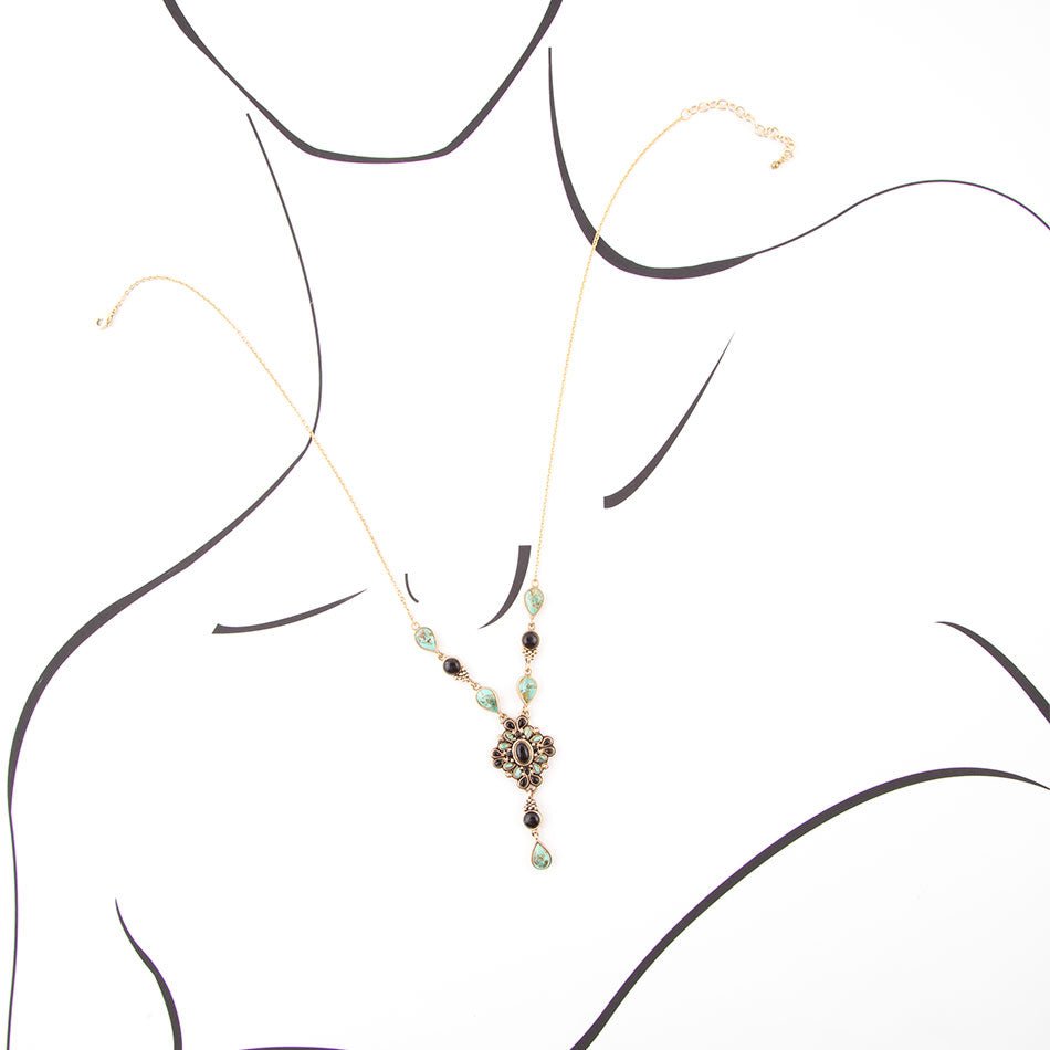 Collier en Y doré à Onyx noir et Turquoise bleue de Barcelone