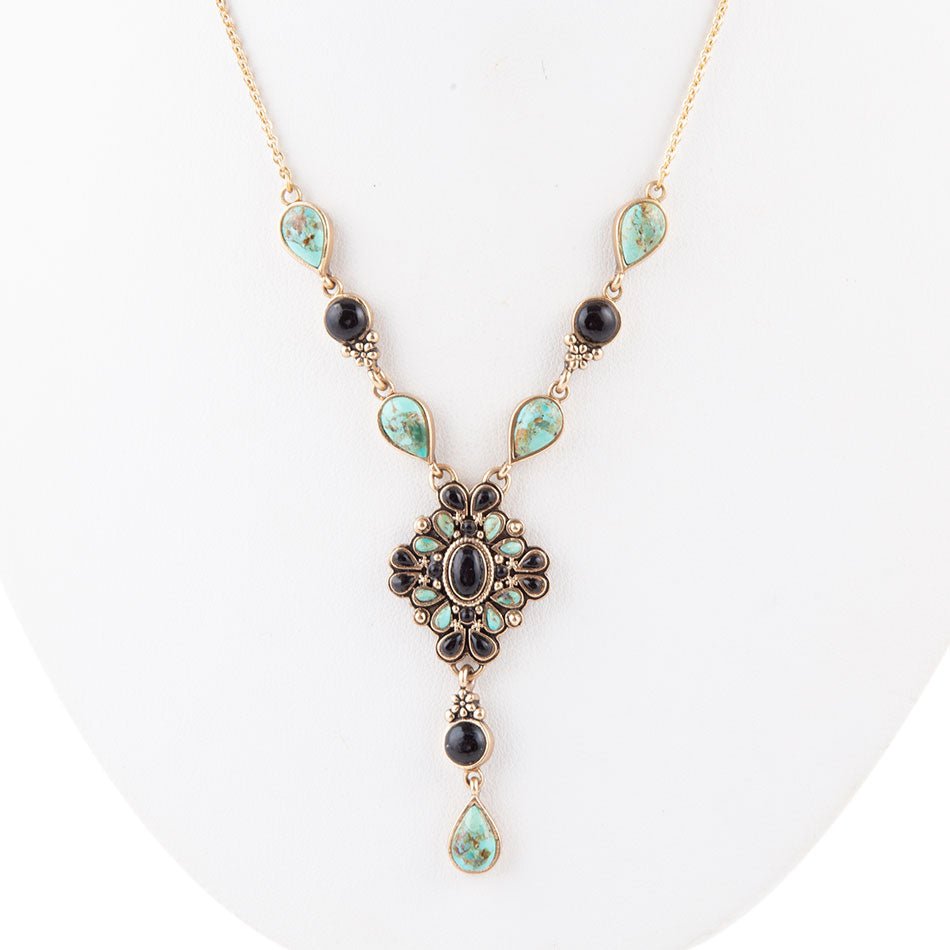 Collier en Y doré à Onyx noir et Turquoise bleue de Barcelone