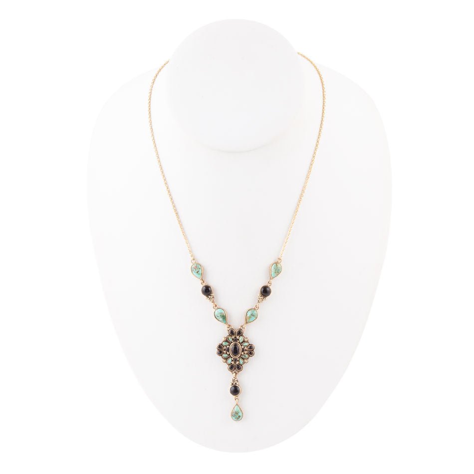 Collier en Y doré à Onyx noir et Turquoise bleue de Barcelone