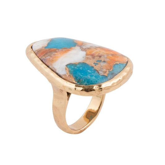 Orangene Stachelauster und blaue Türkis-Matrix abstrakter goldener Ring