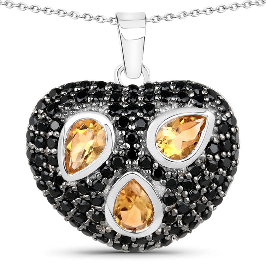 3.19 Karat Echter Citrin und Schwarzer Spinell .925 Sterling Silber Anhänger