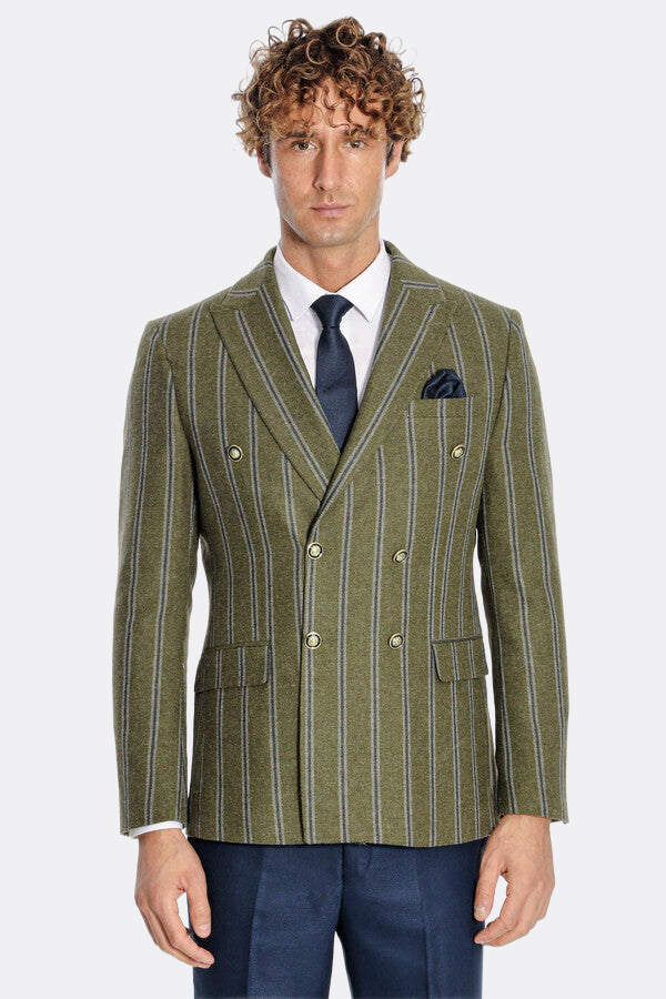 Wide Lapel Striped Double Breasted Green Men Blazer - Wessi