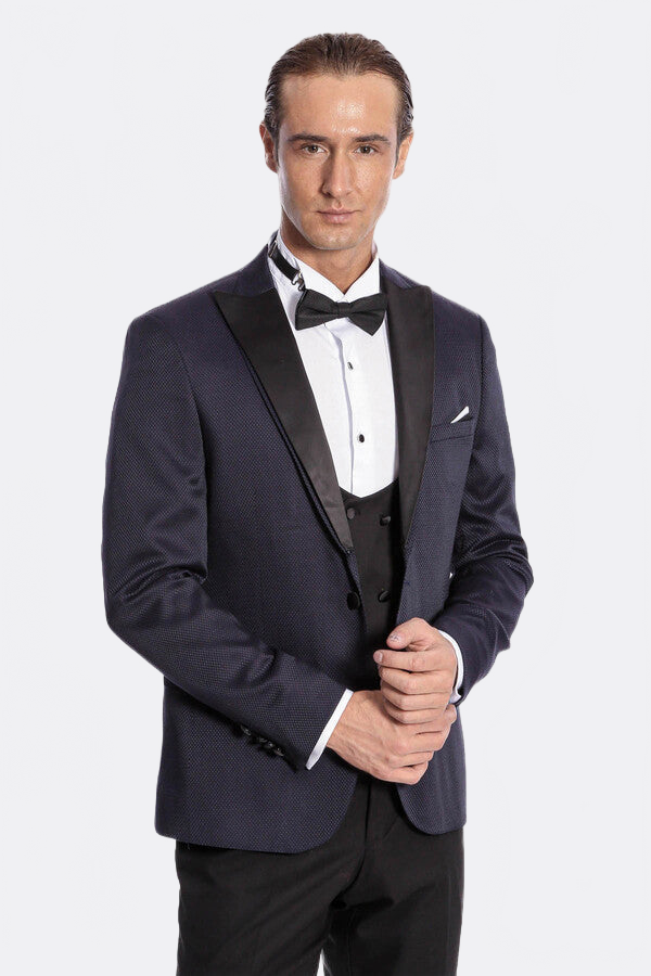 Patterned Combined Navy Blue Men Tuxedo - Wessi
