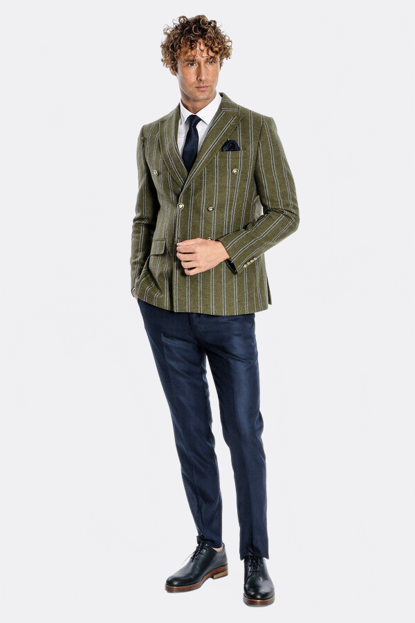 Wide Lapel Striped Double Breasted Green Men Blazer - Wessi