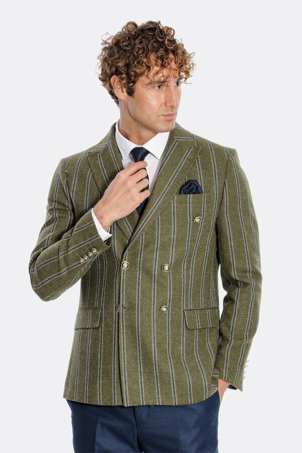 Wide Lapel Striped Double Breasted Green Men Blazer - Wessi
