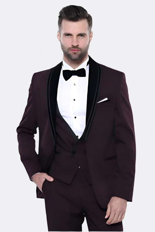 Detachable Velvet Lapel Burgundy Tuxedo - Wessi