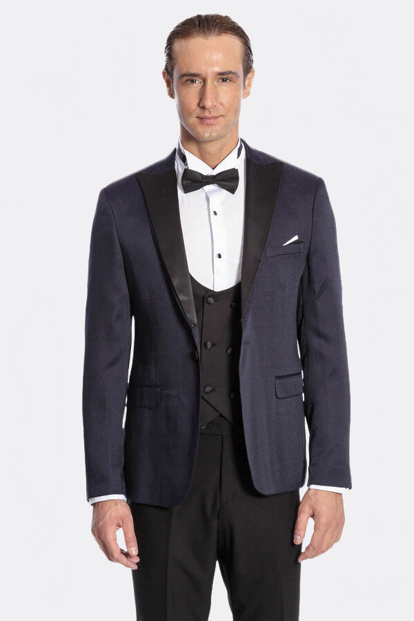 Patterned Combined Navy Blue Men Tuxedo - Wessi