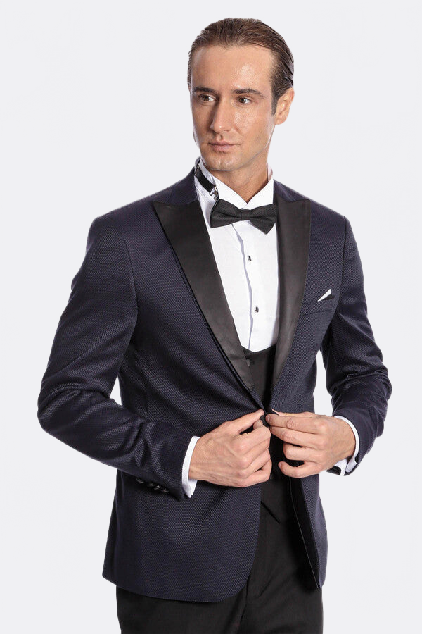 Patterned Combined Navy Blue Men Tuxedo - Wessi