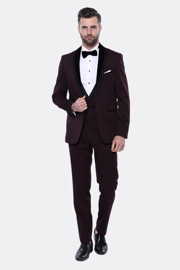 Detachable Velvet Lapel Burgundy Tuxedo - Wessi