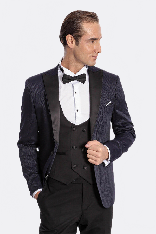 Patterned Combined Navy Blue Men Tuxedo - Wessi