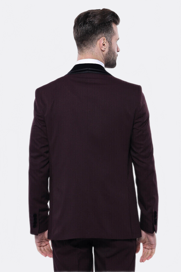 Detachable Velvet Lapel Burgundy Tuxedo - Wessi