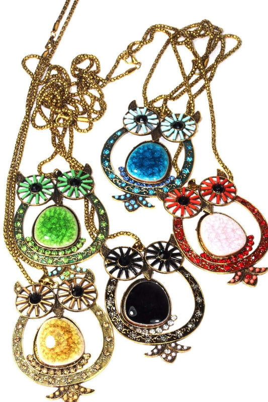 Collier Pendentif Hibou Scintillant Longue Chaîne Cristal Vintage
