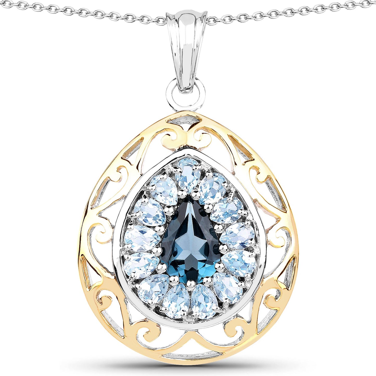 Pendentif en argent sterling 925 plaqué or jaune 18 carats avec topaze bleue de Londres et topaze bleue véritable de 4,44 carats