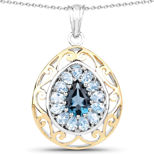 18 Karat Gelbgold plattiert 4,44 Karat echter London Blue Topas & Blauer Topas .925 Sterling Silber Anhänger