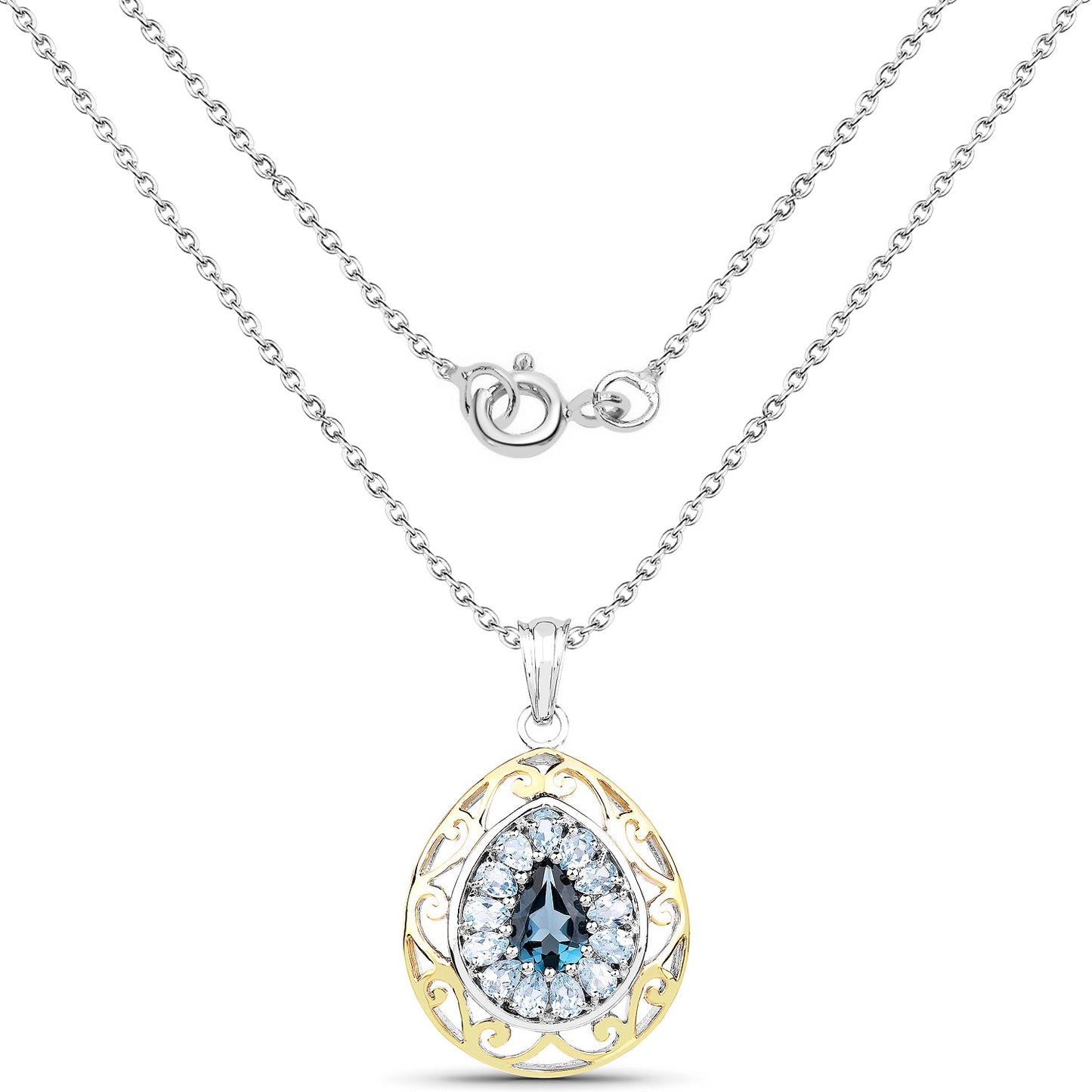 Pendentif en argent sterling 925 plaqué or jaune 18 carats avec topaze bleue de Londres et topaze bleue véritable de 4,44 carats
