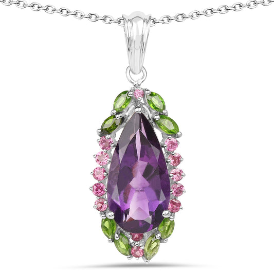 6.22 Karat echter Amethyst, Chromdiopsid und Rhodolith .925 Sterlingsilber Anhänger