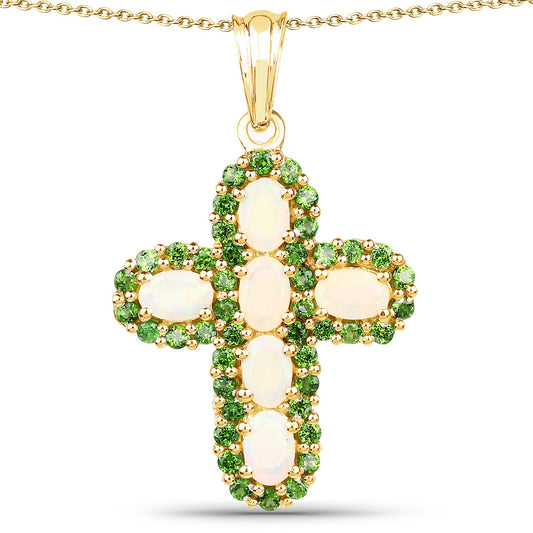 Anhänger aus 14K Gelbgold vergoldet mit 3.11 Karat echtem äthiopischen Opal & Chromdiopsid aus .925 Silber