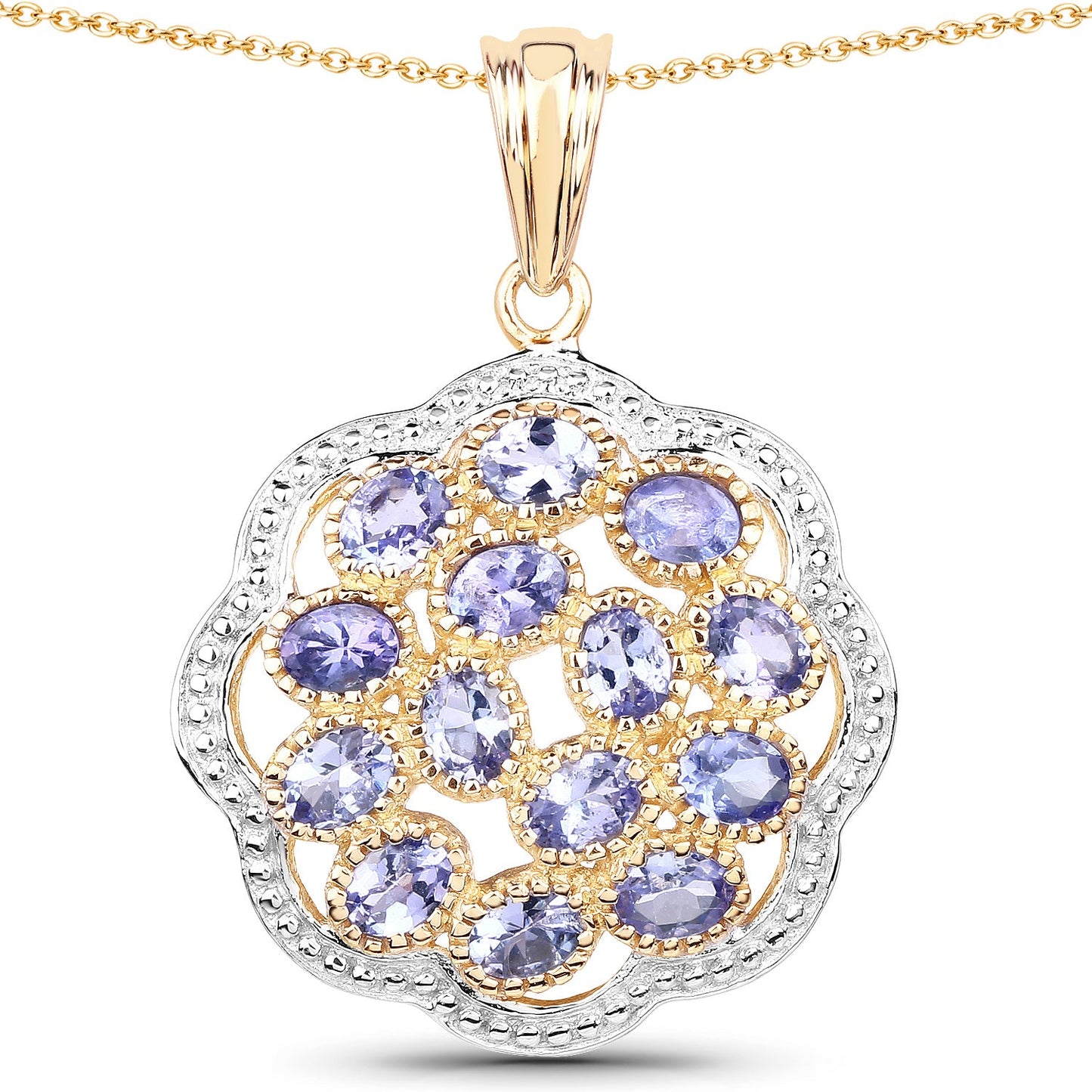 14 Karat Gelb Vergoldeter 2.38 Karat Echter Tansanit .925 Sterling Silber Anhänger