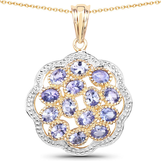 14 Karat Gelb Vergoldeter 2.38 Karat Echter Tansanit .925 Sterling Silber Anhänger