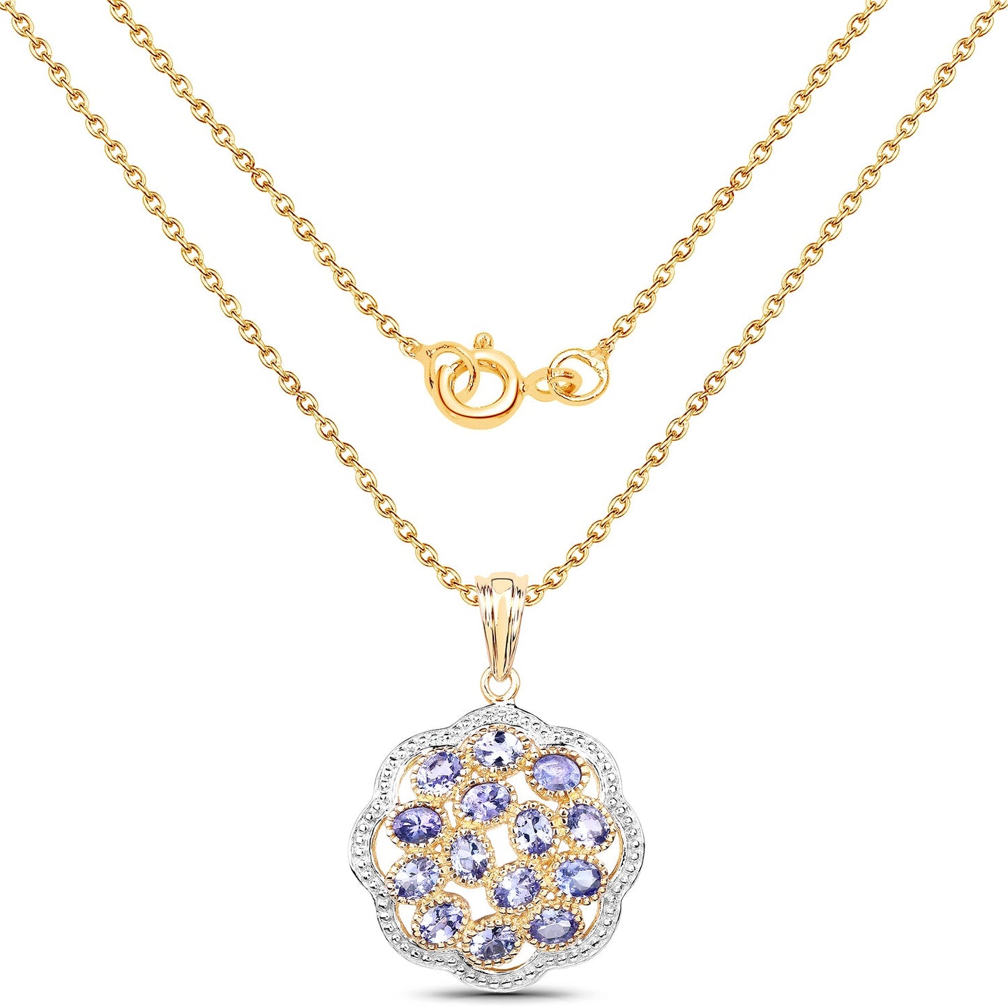 14 Karat Gelb Vergoldeter 2.38 Karat Echter Tansanit .925 Sterling Silber Anhänger