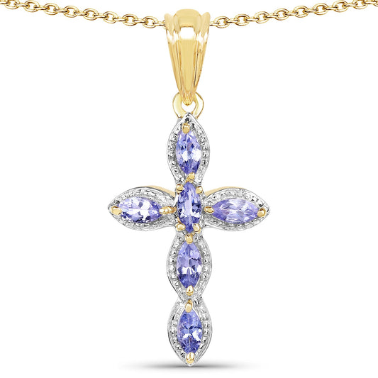 14K Gelbgold plattierter 0,84 Karat echter Tansanit .925 Sterlingsilber-Anhänger