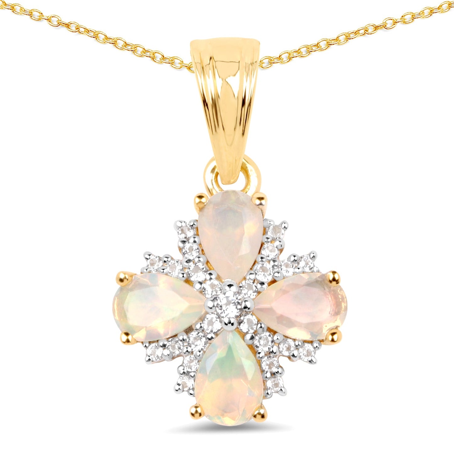 Pendentif en argent sterling 925 plaqué or jaune 14 carats avec opale éthiopienne véritable de 1,19 carat et topaze blanche