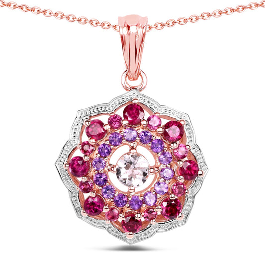 14K Rosévergoldeter 2.30 Karat echter Morganit, Rhodolith & Amethyst .925 Sterling Silber Anhänger