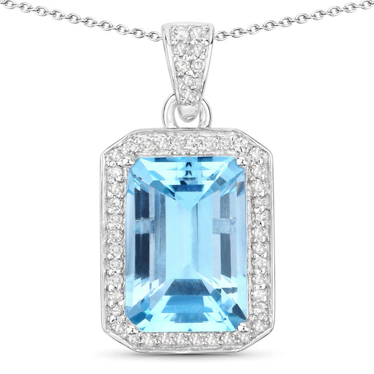 5.85 Karat Echter Blauer Topas und Weißer Diamant .925 Sterlingsilber Anhänger