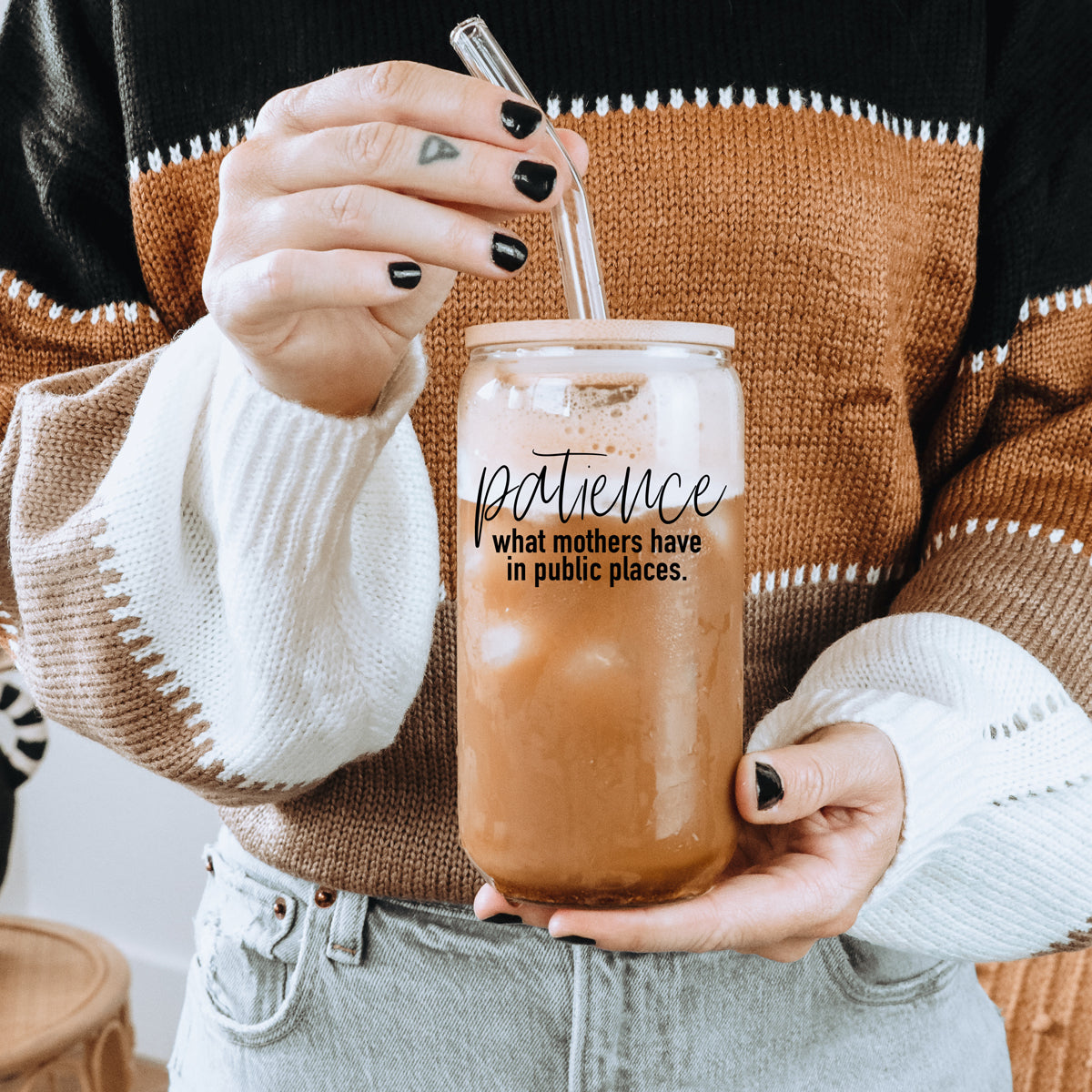 17oz Glass Tumbler With Bamboo Lid And 2 Stainless Straws, Mom Humor