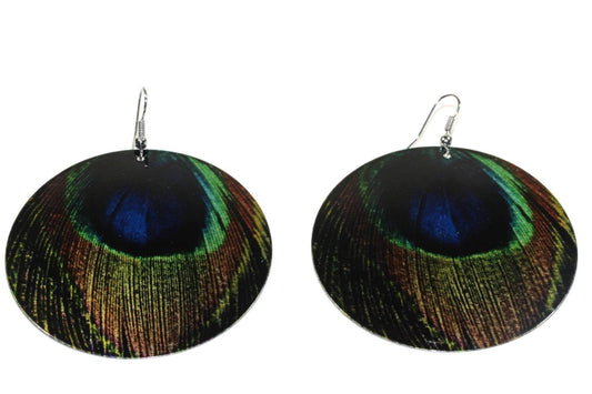 Boucles d'oreilles pendantes légères nacre et plumes de paon