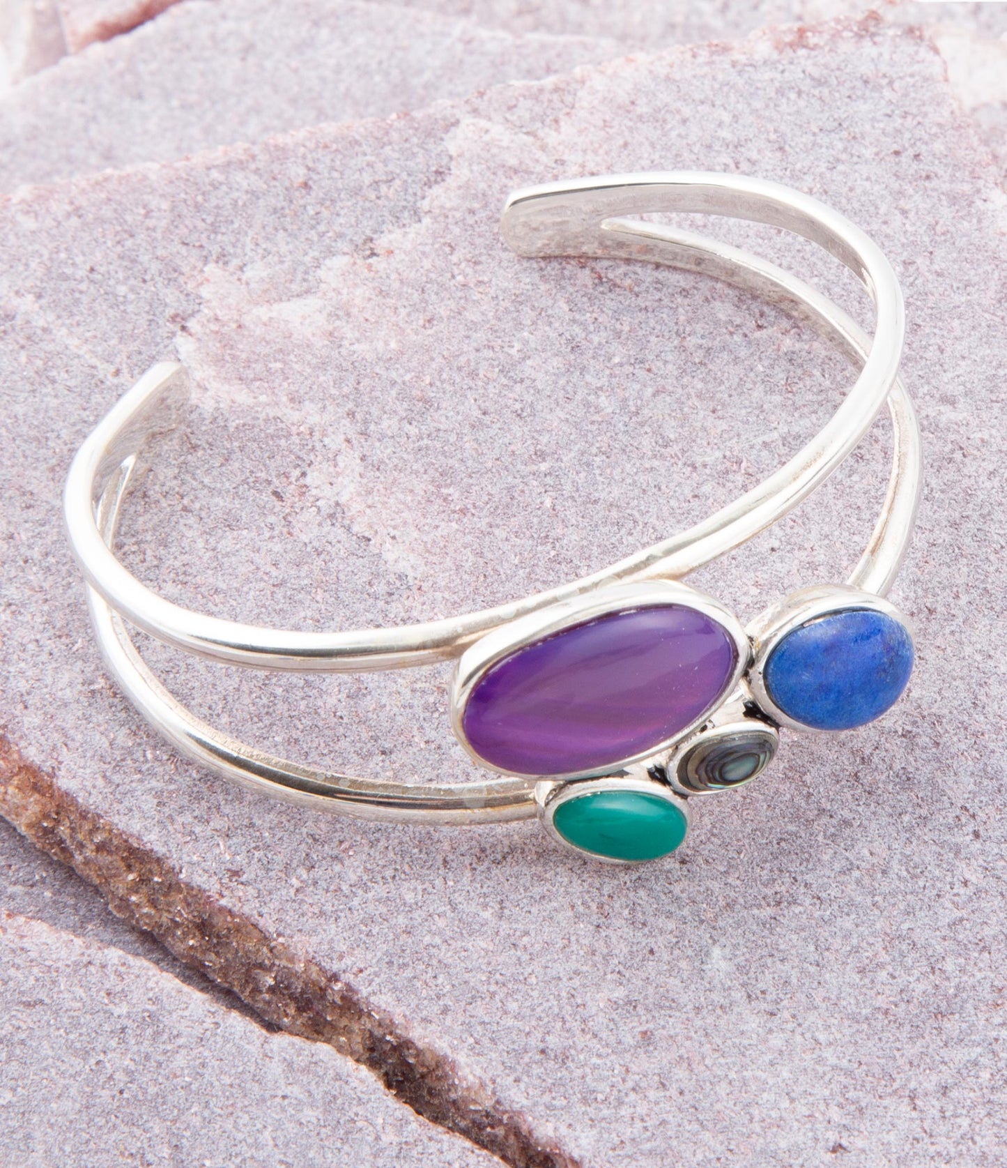 Bracelet jonc en argent sterling et pierres multiples paon