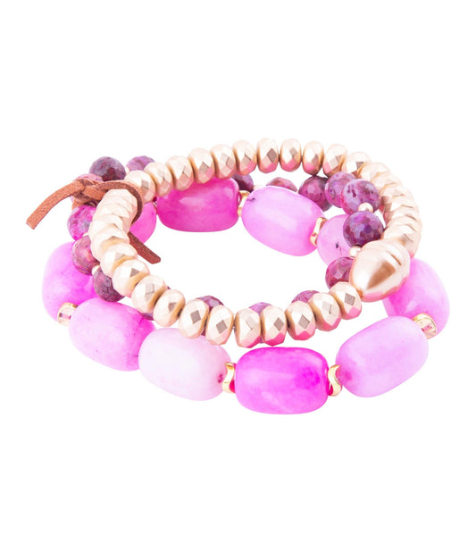 Pfirsichblüte Fuchsia Rosa Jade Goldnes Stretch-Armband-Set