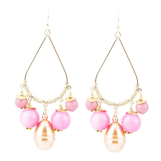Boucles d'oreilles pendantes Pivoine Fuchsia Rose Jade Doré