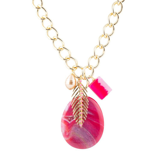 Collier Pivoine Fuchsia en Agate Rose avec Breloque Dorée