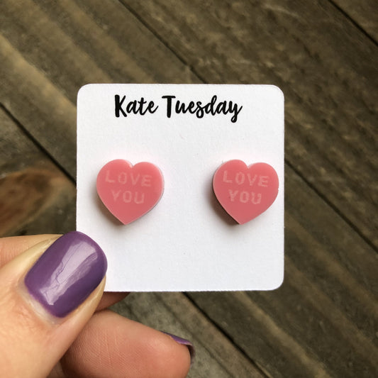 Boucles d'oreilles clous en acrylique rose Cœur Je t'aime pour femme