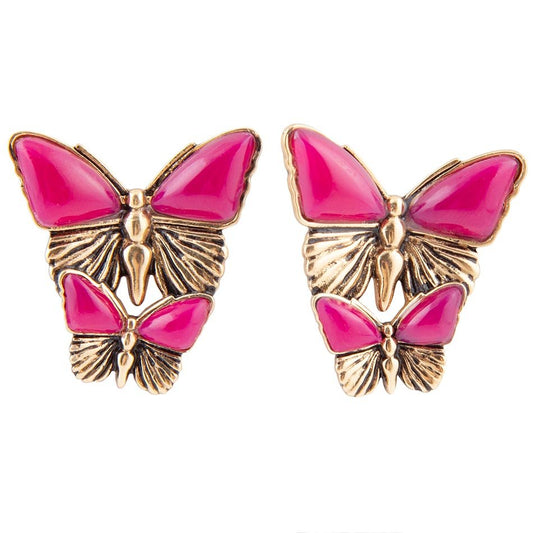 Boucles d'oreilles clous papillons dorés en agate rose
