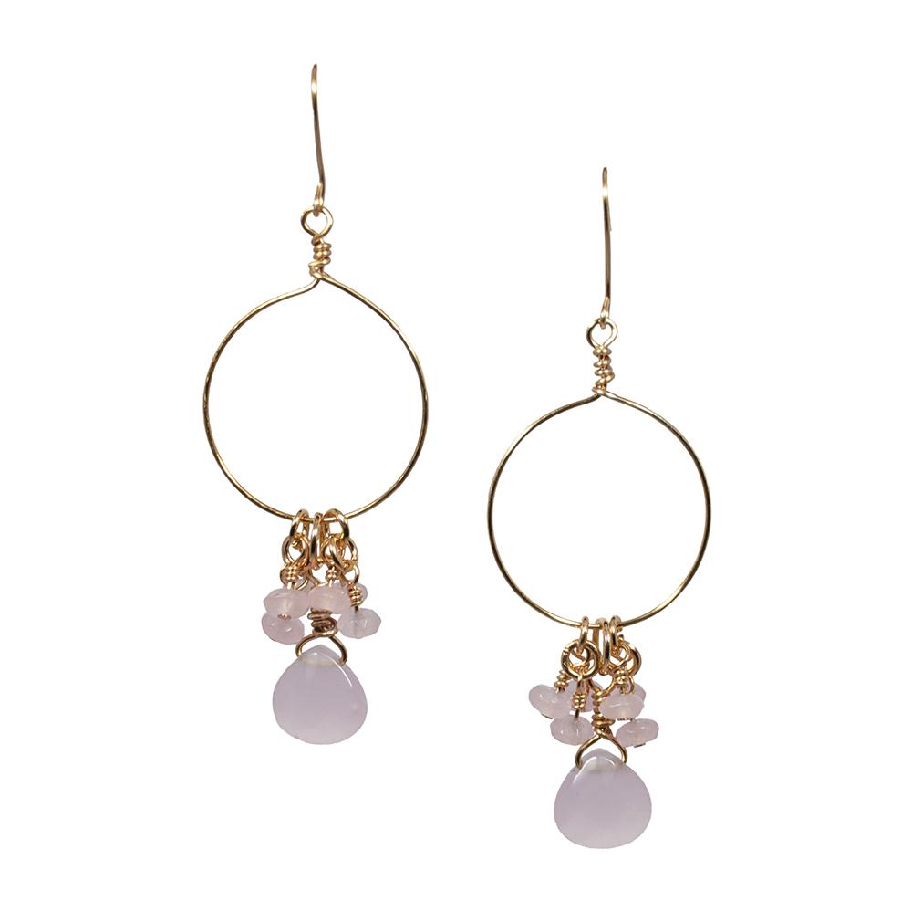 Creolen mit rosa Chalcedon-Jade-Cluster, Gold, zierlich