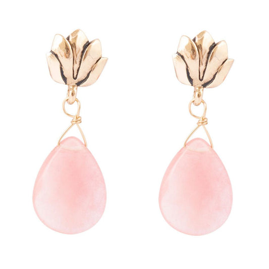 Boucles d'oreilles pendantes Lotus en quartz rose et or