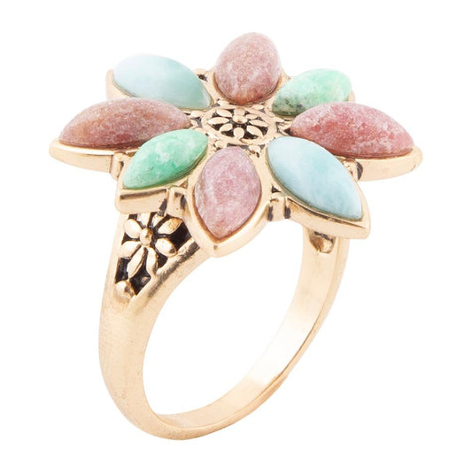 Statement-Ring mit rosa Rhodonit, blauem Amazonit und grünen Variscit-Blättern in Gold