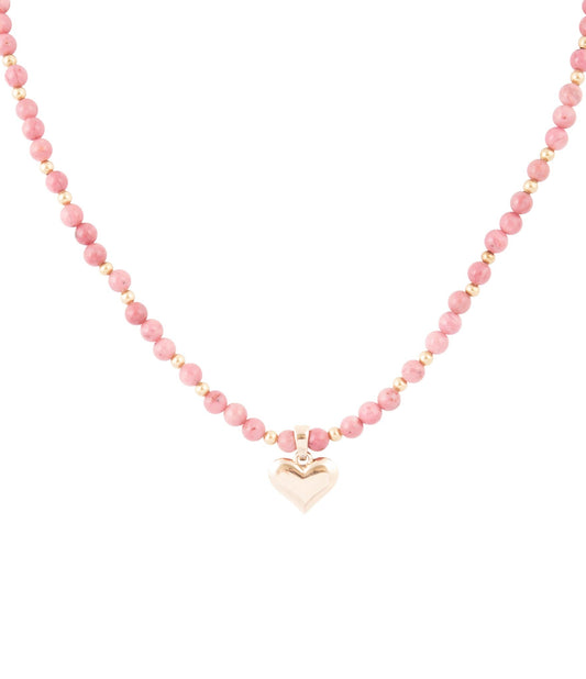 Collier Pendentif Cœur en Rhodonite Rose et Bronze Doré
