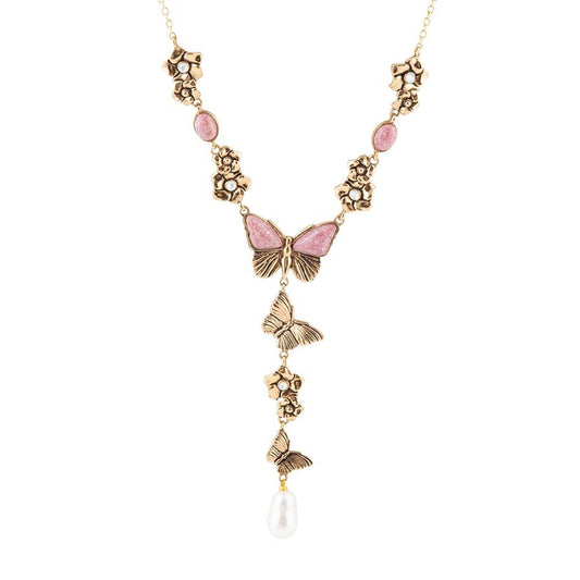 Collier en Y Papillons Dorés, Rhodonite Rose et Perles Blanches