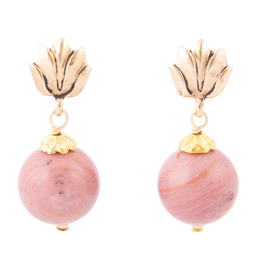 Boucles d'oreilles pendantes Lotus doré et Rhodonite rose