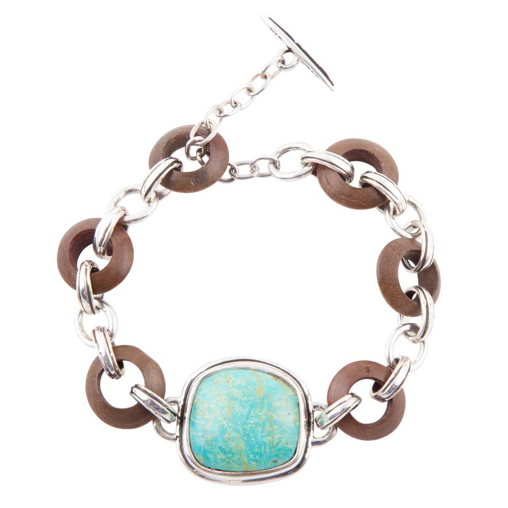 Bracelet à bascule en argent sterling avec turquoise précieuse et bois