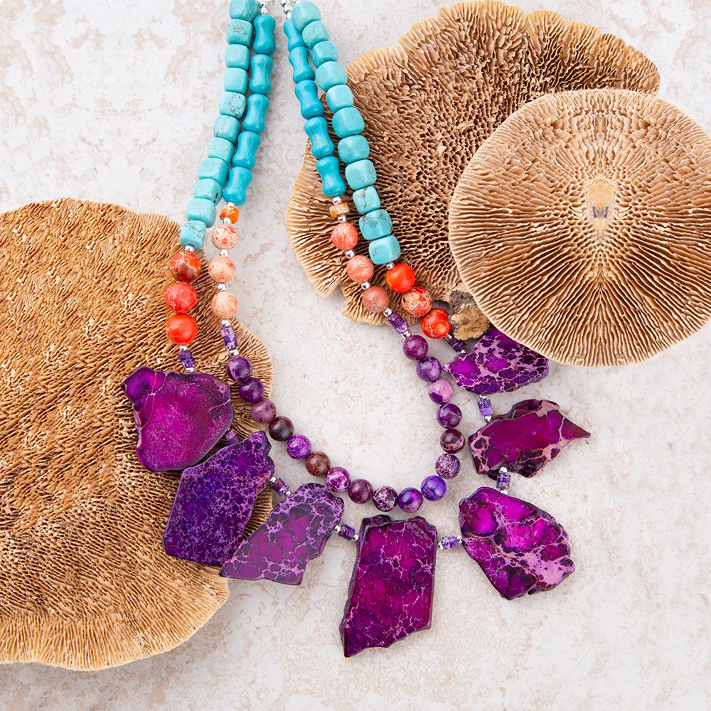 Collier fantaisie Prescott en magnésite bleue, violette et orange