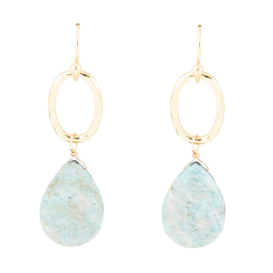 Jolies boucles d'oreilles pendantes gouttelettes dorées en amazonite bleue